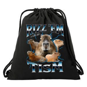 Rizz Em With The Tism Capybara Funny Oddly Dank Drawstring Bag