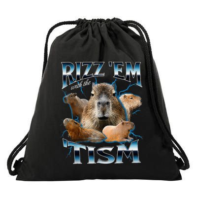 Rizz Em With The Tism Capybara Funny Oddly Dank Drawstring Bag