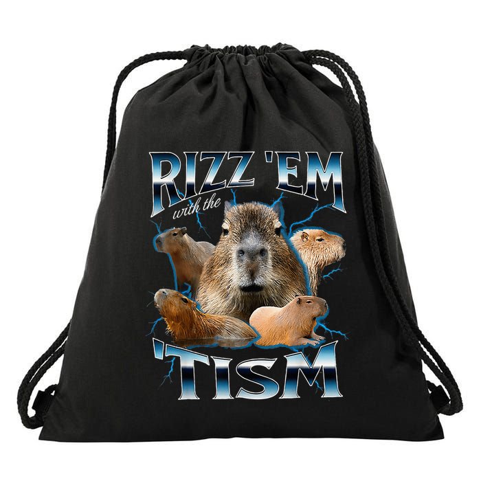 Rizz Em With The Tism Capybara Funny Oddly Dank Drawstring Bag