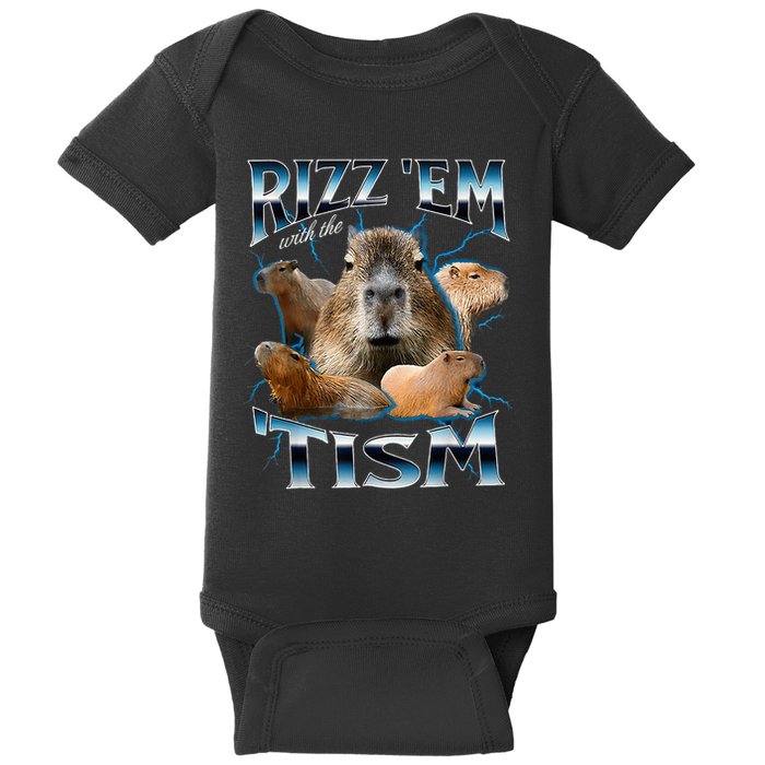 Rizz Em With The Tism Capybara Funny Oddly Dank Baby Bodysuit