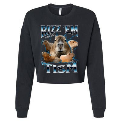 Rizz Em With The Tism Capybara Funny Oddly Dank Cropped Pullover Crew