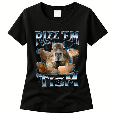 Rizz Em With The Tism Capybara Funny Oddly Dank Womens T-Shirt