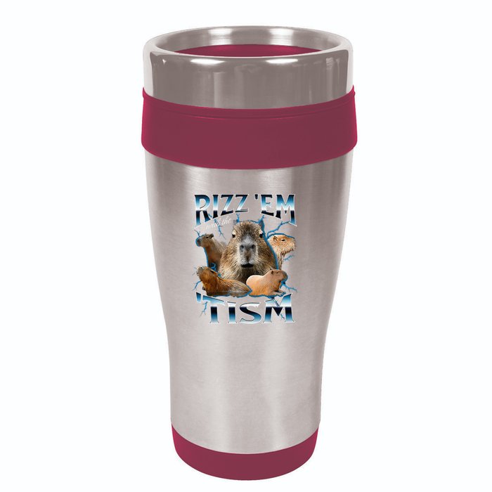 Rizz Em With The Tism Capybara Funny Oddly Dank 16oz Travel Tumbler