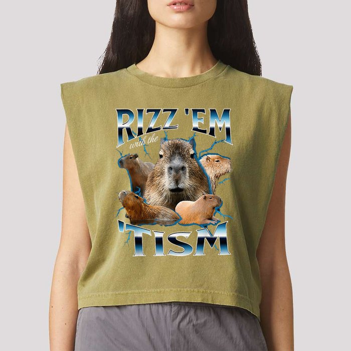 Rizz Em With The Tism Capybara Funny Oddly Dank Garment-Dyed Women's Muscle Tee