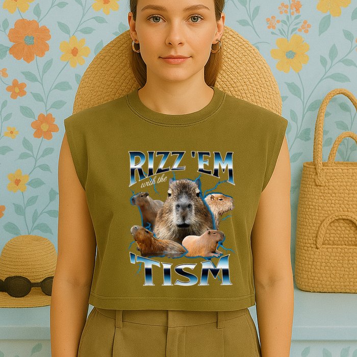 Rizz Em With The Tism Capybara Funny Oddly Dank Garment-Dyed Women's Muscle Tee