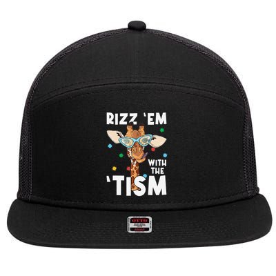 Rizz Em With The Tism Funny Autism Awareness Giraffe Lovers 7 Panel Mesh Trucker Snapback Hat