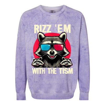 Rizz Em With The Tism Retro Vintage Raccoon Meme Colorblast Crewneck Sweatshirt