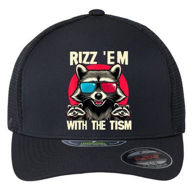 Rizz Em With The Tism Retro Vintage Raccoon Meme Flexfit Unipanel Trucker Cap