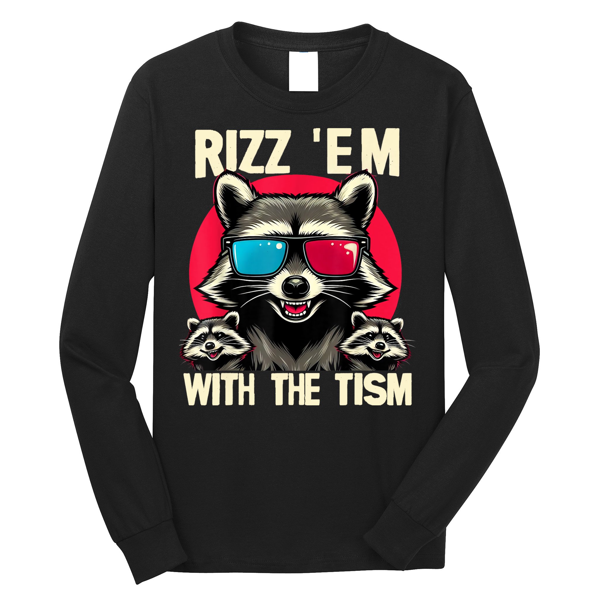 Rizz Em With The Tism Retro Vintage Raccoon Meme Long Sleeve Shirt