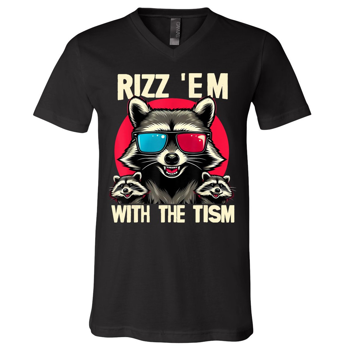 Rizz Em With The Tism Retro Vintage Raccoon Meme V-Neck T-Shirt