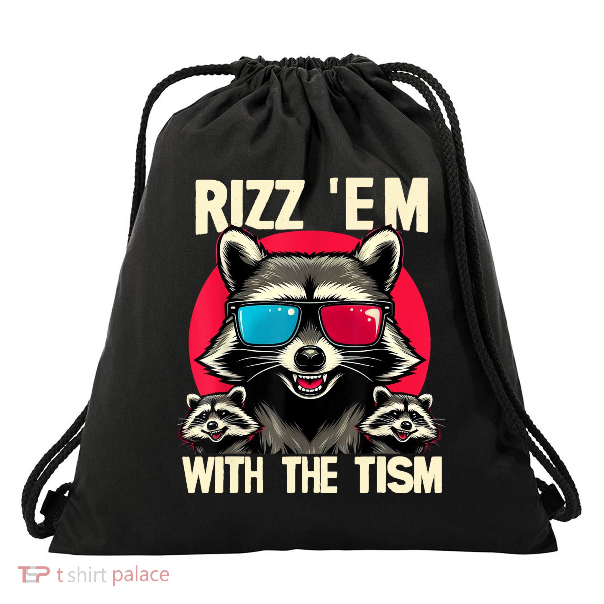Rizz Em With The Tism Retro Vintage Raccoon Meme Drawstring Bag