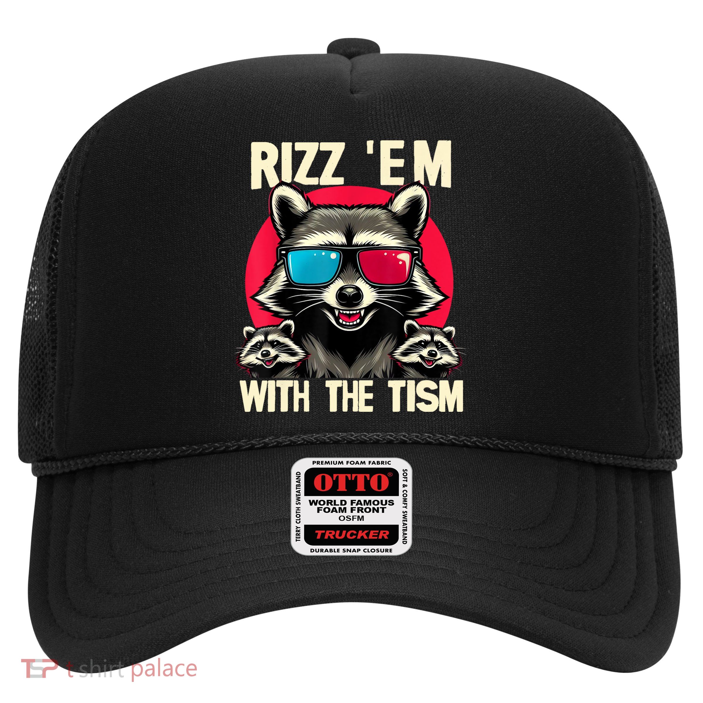 Rizz Em With The Tism Retro Vintage Raccoon Meme Trucker Hat