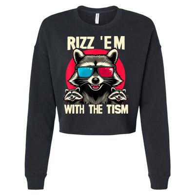 Rizz Em With The Tism Retro Vintage Raccoon Meme Cropped Pullover Crew