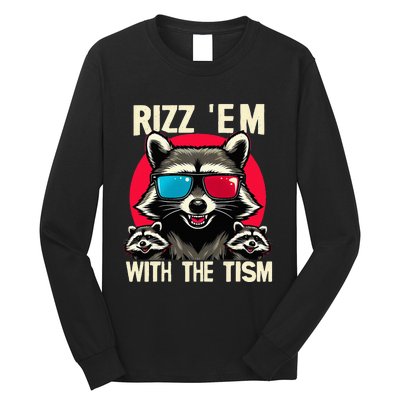 Rizz Em With The Tism Retro Vintage Raccoon Meme Long Sleeve Shirt