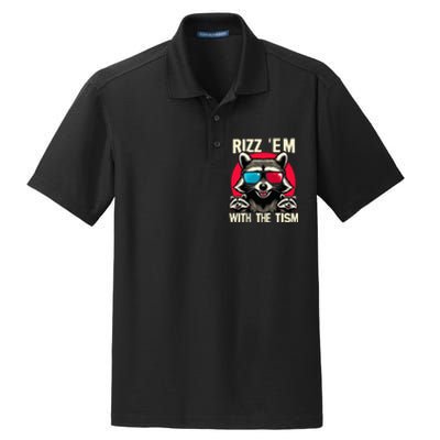 Rizz Em With The Tism Retro Vintage Raccoon Meme Dry Zone Grid Polo