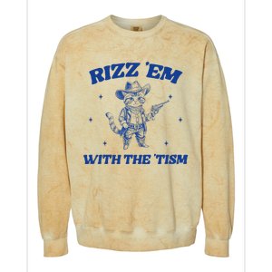 Rizz Em With The Tism Retro Cartoon Cowboy Cat Western Cute Colorblast Crewneck Sweatshirt