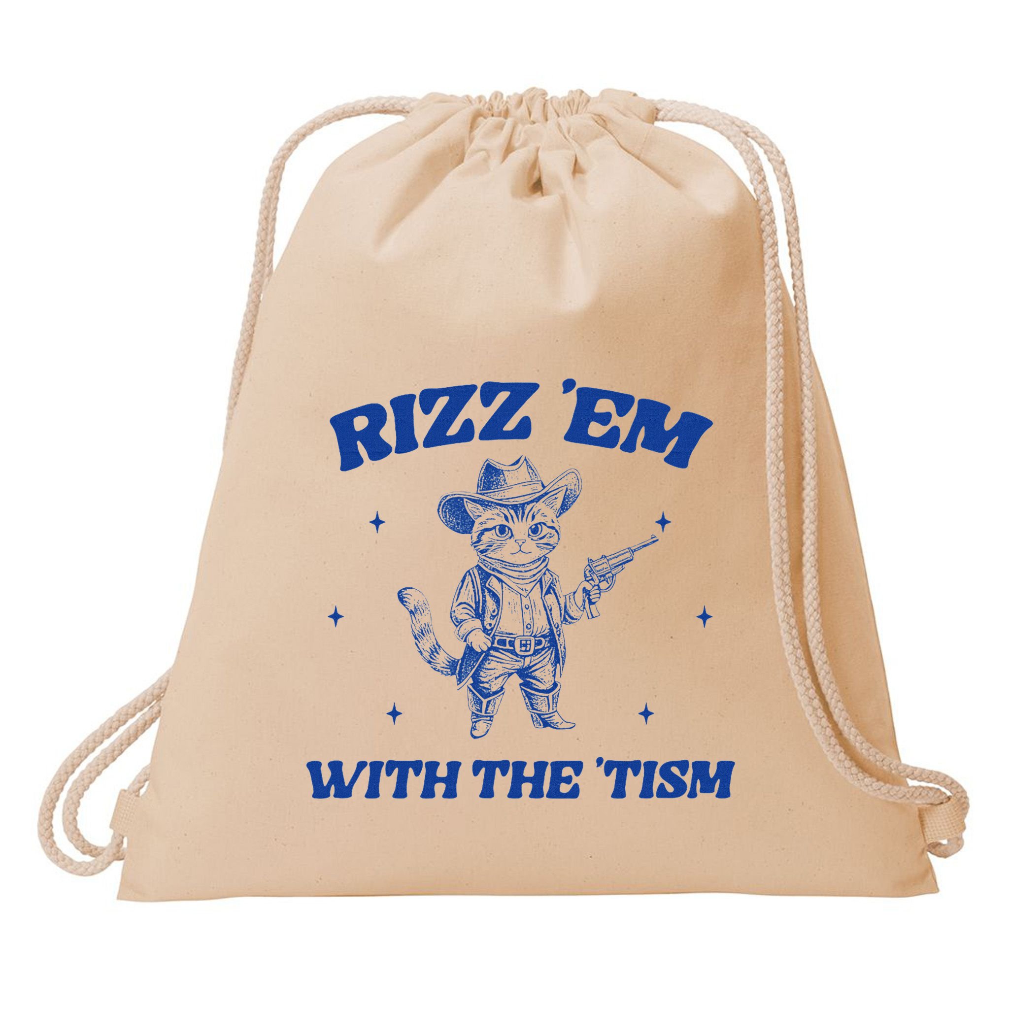 Rizz Em With The Tism Retro Cartoon Cowboy Cat Western Cute Drawstring Bag