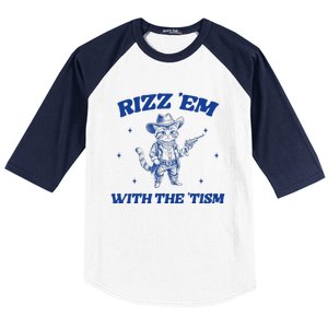 Rizz Em With The Tism Retro Cartoon Cowboy Cat Western Cute Baseball Sleeve Shirt