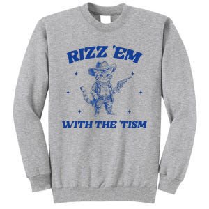 Rizz Em With The Tism Retro Cartoon Cowboy Cat Western Cute Tall Sweatshirt