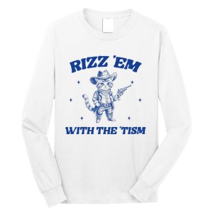 Rizz Em With The Tism Retro Cartoon Cowboy Cat Western Cute Long Sleeve Shirt