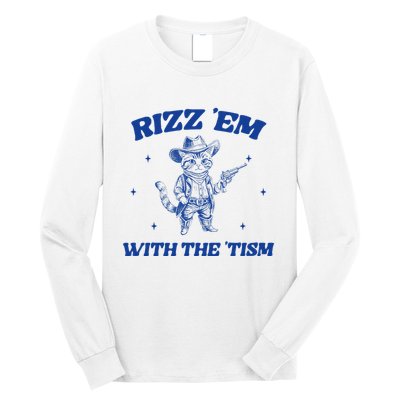 Rizz Em With The Tism Retro Cartoon Cowboy Cat Western Cute Long Sleeve Shirt