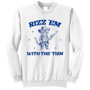 Rizz Em With The Tism Retro Cartoon Cowboy Cat Western Cute Sweatshirt