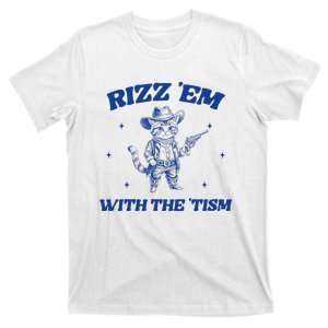 Rizz Em With The Tism Retro Cartoon Cowboy Cat Western Cute T-Shirt