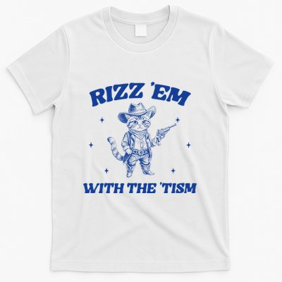 Rizz Em With The Tism Retro Cartoon Cowboy Cat Western Cute T-Shirt