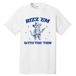 Rizz Em With The Tism Retro Cartoon Cowboy Cat Western Cute Tall T-Shirt