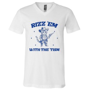 Rizz Em With The Tism Retro Cartoon Cowboy Cat Western Cute V-Neck T-Shirt