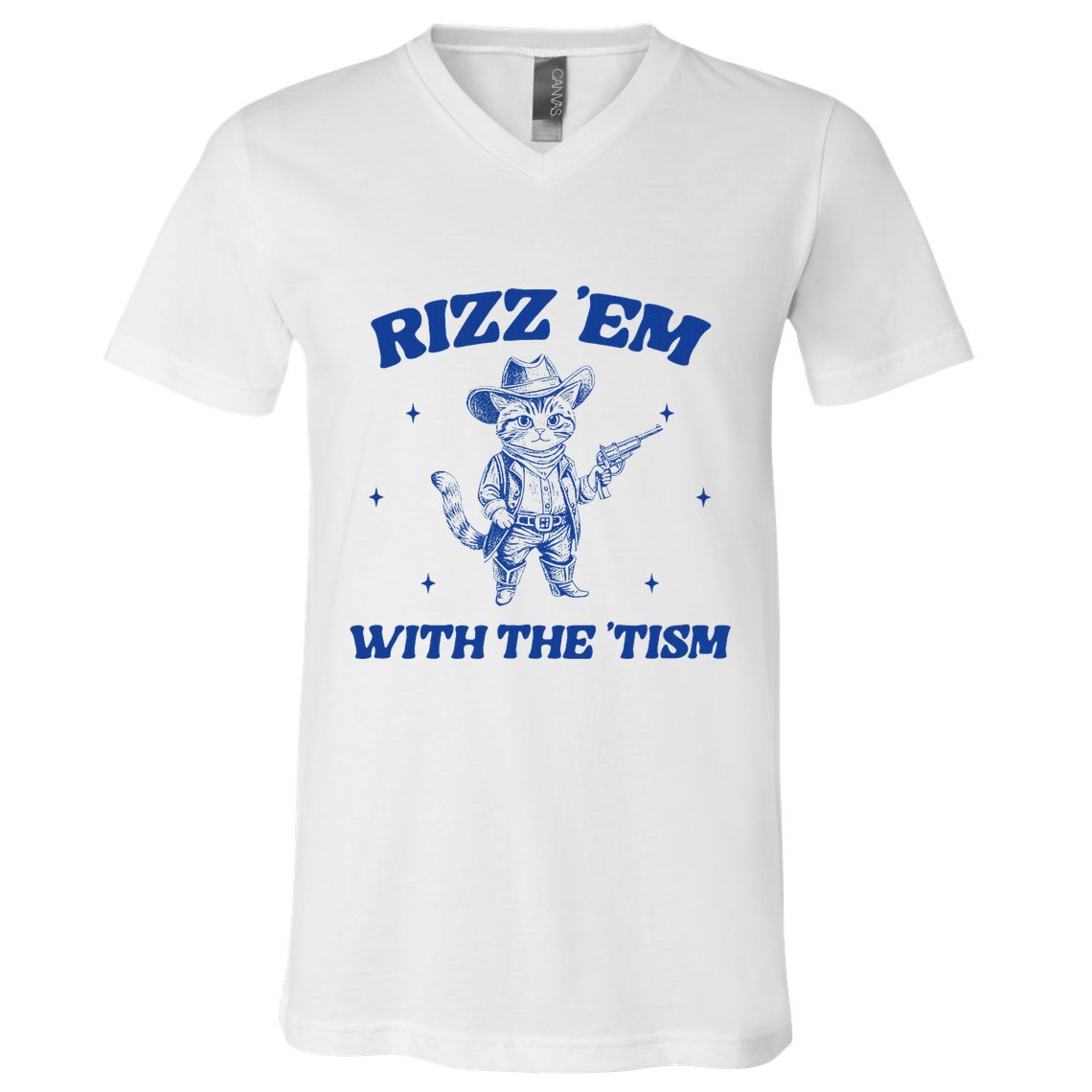 Rizz Em With The Tism Retro Cartoon Cowboy Cat Western Cute V-Neck T-Shirt
