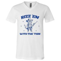 Rizz Em With The Tism Retro Cartoon Cowboy Cat Western Cute V-Neck T-Shirt