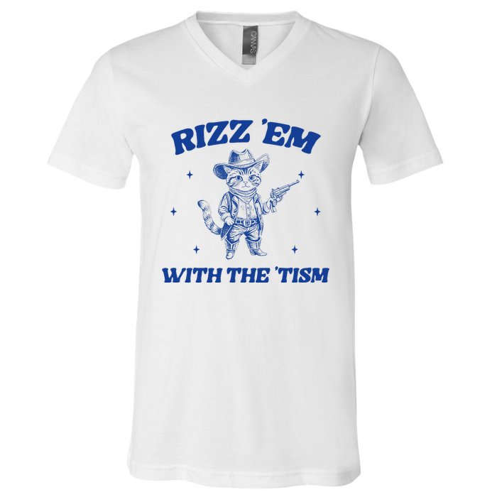 Rizz Em With The Tism Retro Cartoon Cowboy Cat Western Cute V-Neck T-Shirt