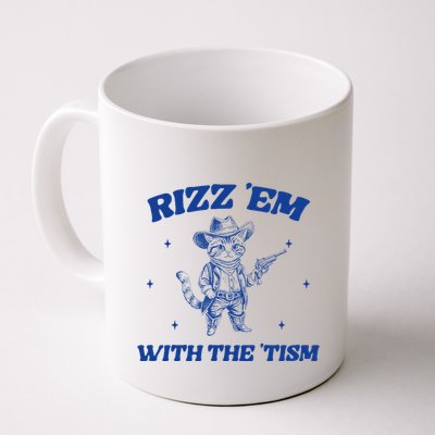 Rizz Em With The Tism Retro Cartoon Cowboy Cat Western Cute Mug