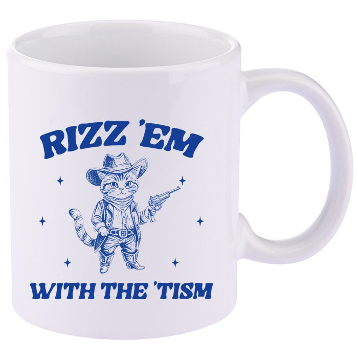 Rizz Em With The Tism Retro Cartoon Cowboy Cat Western Cute 11oz C Handle Ceramic Mug