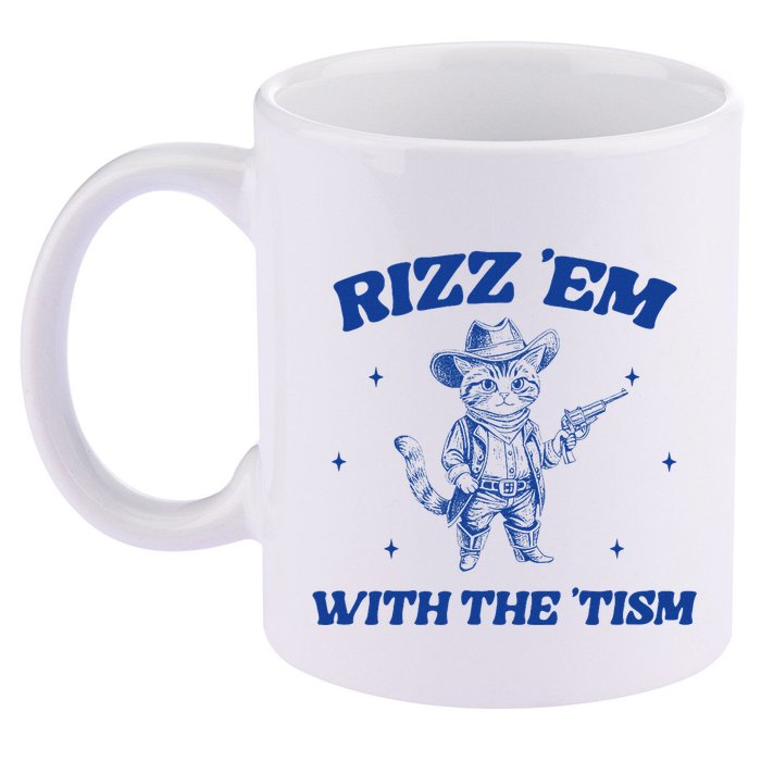 Rizz Em With The Tism Retro Cartoon Cowboy Cat Western Cute 11oz C Handle Ceramic Mug