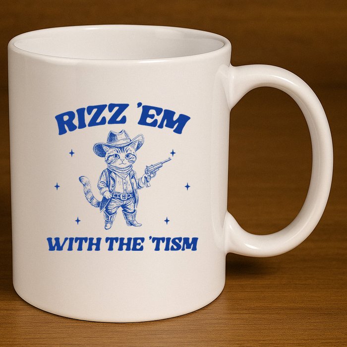 Rizz Em With The Tism Retro Cartoon Cowboy Cat Western Cute 11oz C Handle Ceramic Mug