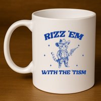 Rizz Em With The Tism Retro Cartoon Cowboy Cat Western Cute 11oz C Handle Ceramic Mug
