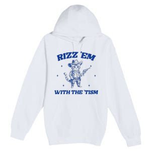 Rizz Em With The Tism Retro Cartoon Cowboy Cat Western Cute Premium Pullover Hoodie