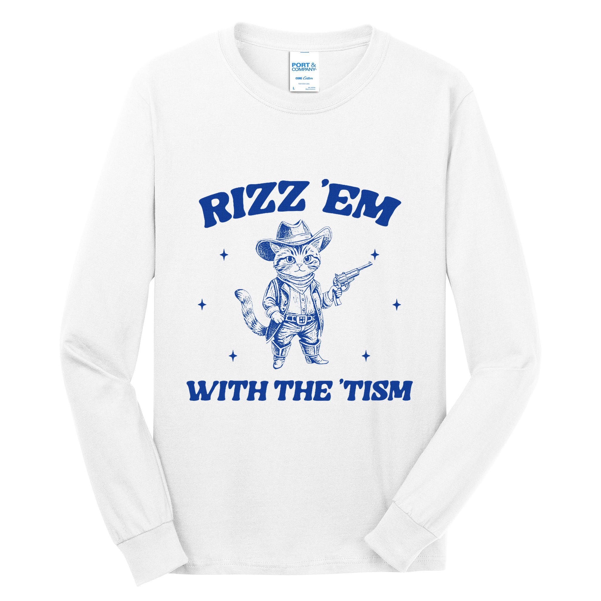 Rizz Em With The Tism Retro Cartoon Cowboy Cat Western Cute Tall Long Sleeve T-Shirt