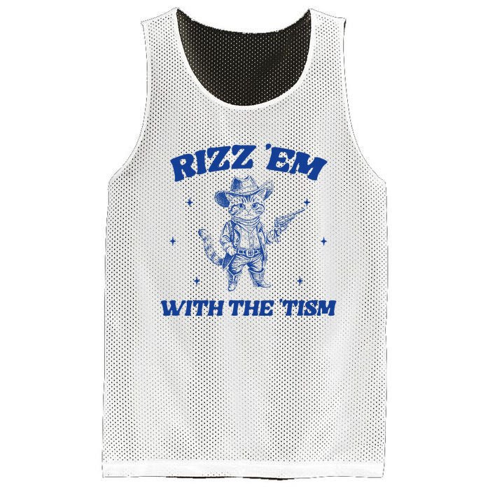 Rizz Em With The Tism Retro Cartoon Cowboy Cat Western Cute Mesh Reversible Basketball Jersey Tank