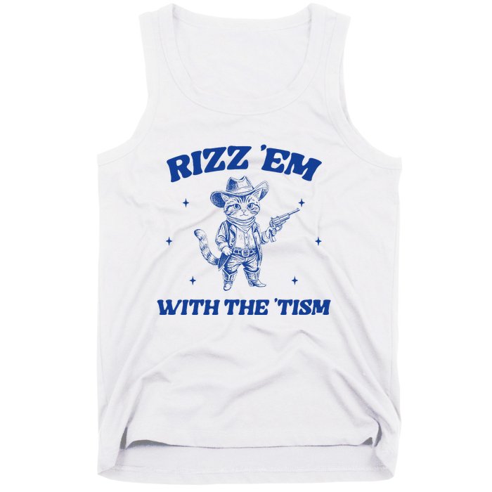 Rizz Em With The Tism Retro Cartoon Cowboy Cat Western Cute Tank Top