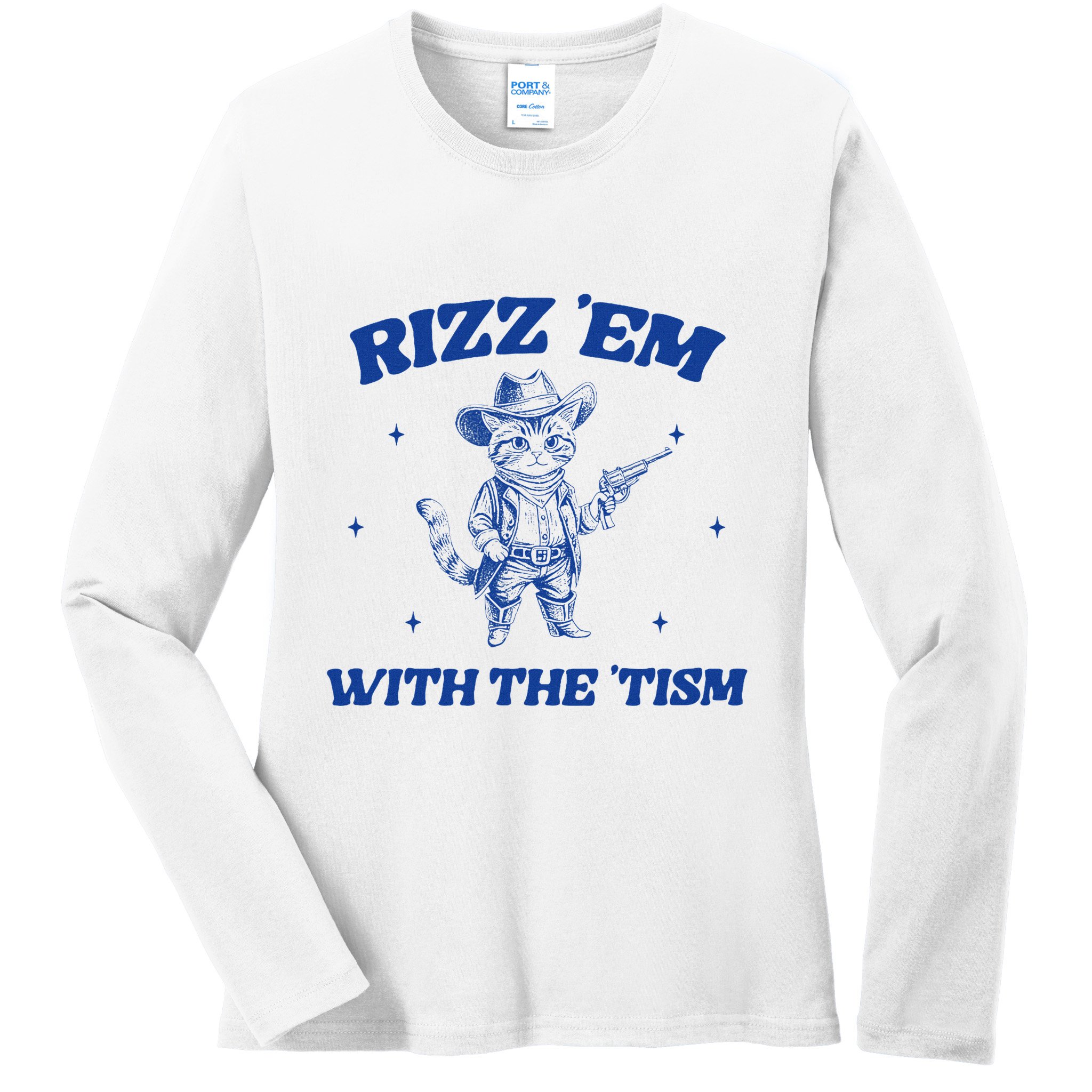 Rizz Em With The Tism Retro Cartoon Cowboy Cat Western Cute Ladies Long Sleeve Shirt