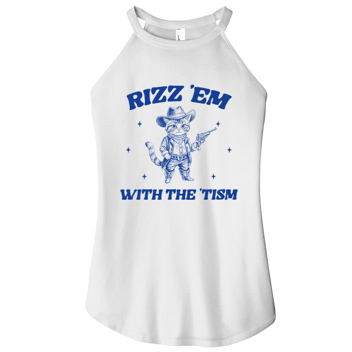Rizz Em With The Tism Retro Cartoon Cowboy Cat Western Cute Women's Perfect Tri Rocker Tank
