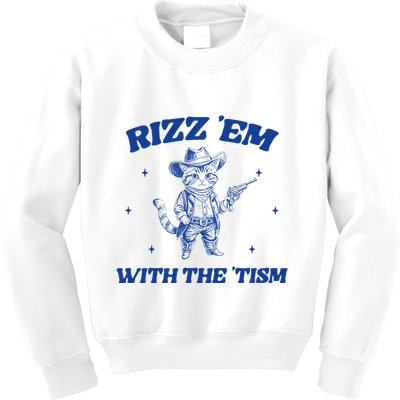 Rizz Em With The Tism Retro Cartoon Cowboy Cat Western Cute Kids Sweatshirt