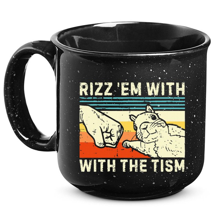 Rizz Em With The Tism Rizzler Joke Meme Rizzling Squirrel 15oz Campfire Ceramic Mug