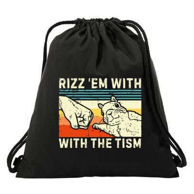 Rizz Em With The Tism Rizzler Joke Meme Rizzling Squirrel Drawstring Bag