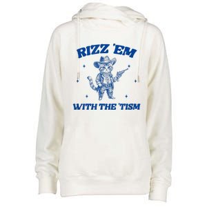 Rizz Em With The Tism Retro Cartoon Cowboy Cat Western Cute Womens Funnel Neck Pullover Hood