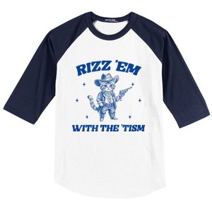 Rizz Em With The Tism Retro Cartoon Cowboy Cat Western Cute Baseball Sleeve Shirt