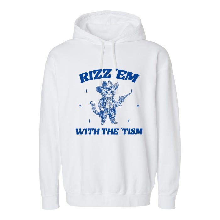 Rizz Em With The Tism Retro Cartoon Cowboy Cat Western Cute Garment-Dyed Fleece Hoodie